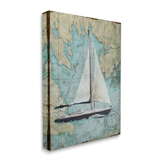 Stupell Industries Vintage World Map Sail Boat Ocean Coast Painting Canvas Wall Art